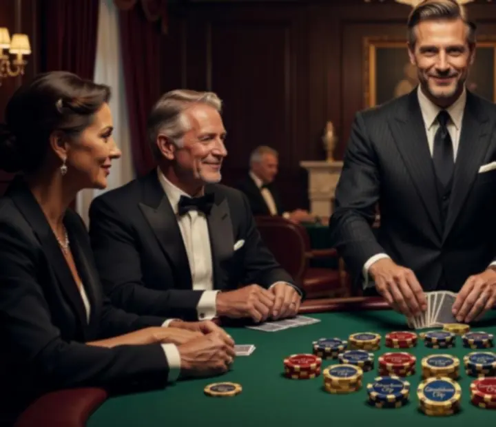 Elegáns öltözetű, profi póker dealer akció közben